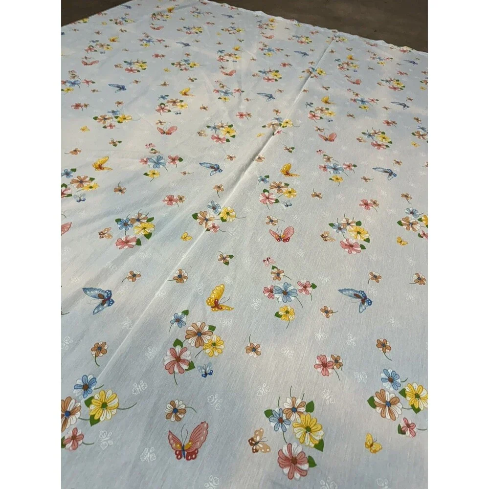 Vintage Thomaston No Iron FULL Flat Sheet Blue with Flowers and Butterflies READ